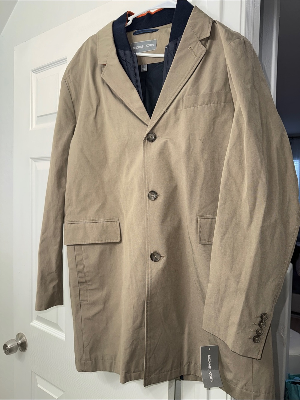 Michael Kors Men’s Tan Trench Coat with Navy Lining
